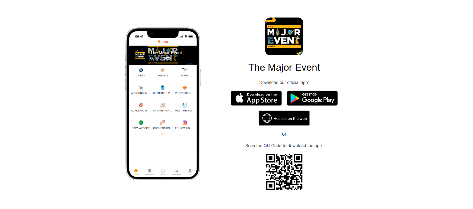 Image of smartphone with Major Event home screen with links to app stores to download, QR code to download, and link to web browser version of app